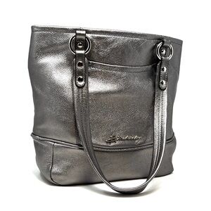B. Makowsky Pewter Margene Large Tote Bag Handbag Metallic Leather Purse EUC